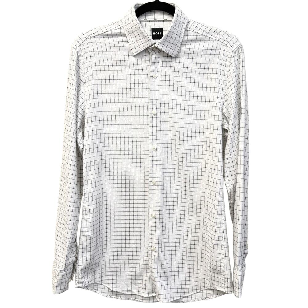 BOSS Hugo Boss Men’s Dress Shirt White Black Grid Check Slim Fit Size 38 S